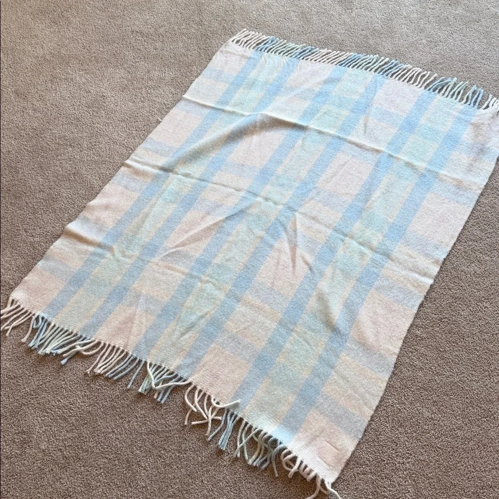 Vintage Baby Blanket Plaid Pastel 36”x50” Italy Fringe Small Creations 36x50”